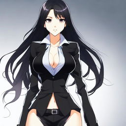 A tall, beautiful girl with long black hair and black eyes, wearing a tight, shiny black suit