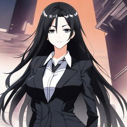 A tall, beautiful girl with long black hair and black eyes, wearing a tight, shiny black suit