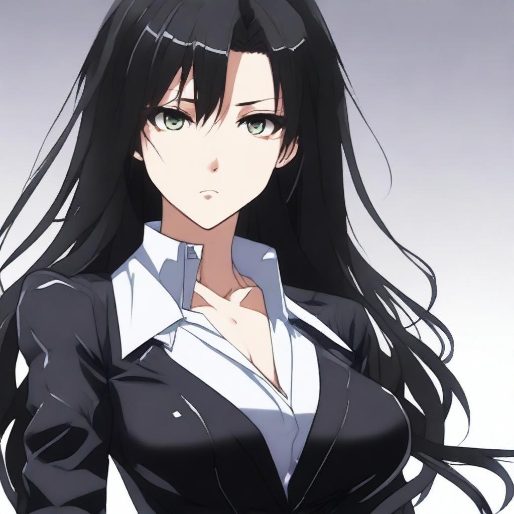 A tall, beautiful girl with long black hair and black eyes, wearing a tight, shiny black suit