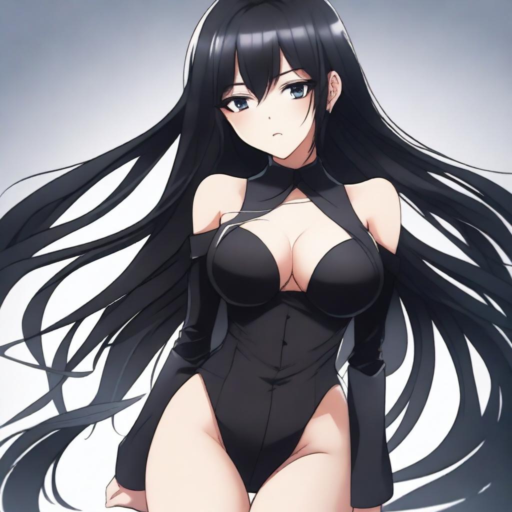 A tall, beautiful girl with long black hair and black eyes, wearing a tight, shiny black suit