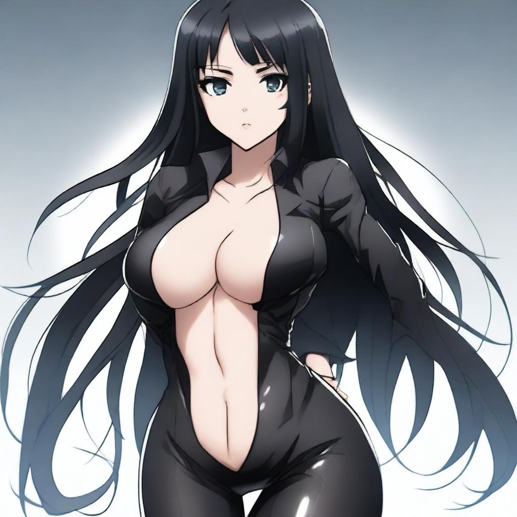 A tall, beautiful girl with long black hair and black eyes, wearing a tight, shiny black suit