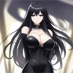 A tall, beautiful girl with long black hair and black eyes, wearing a tight, shiny black suit