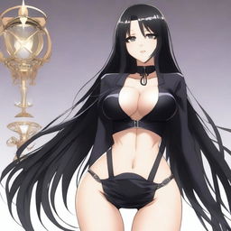 A tall, beautiful girl with long black hair and black eyes, wearing a tight, shiny black suit