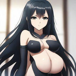 A tall and beautiful anime-style girl with long black hair and black eyes