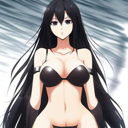 A tall and beautiful anime-style girl with long black hair and black eyes