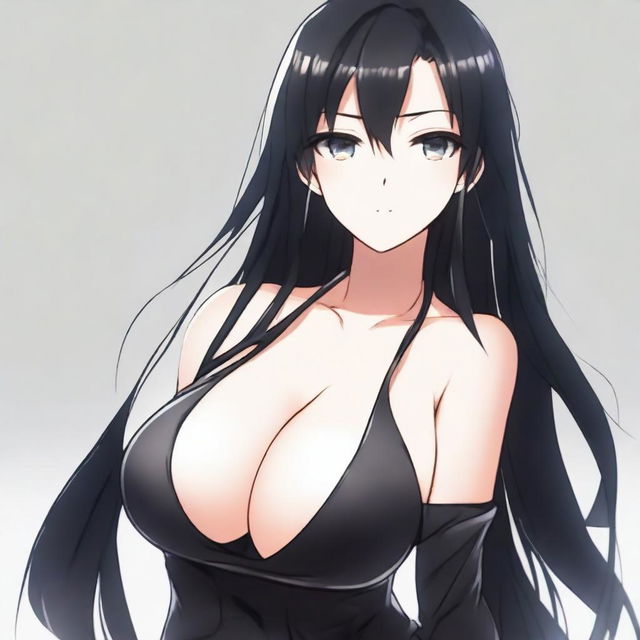 A tall and beautiful anime-style girl with long black hair and black eyes