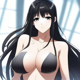 A tall and beautiful anime-style girl with long black hair and black eyes