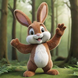 A charming cartoon bunny with brown fur, joyously waving its paw amidst a verdant forest backdrop. The bunny's face illuminates with a warm, broad smile, embodying utter contentment and happiness.