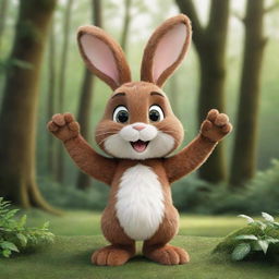 A charming cartoon bunny with brown fur, joyously waving its paw amidst a verdant forest backdrop. The bunny's face illuminates with a warm, broad smile, embodying utter contentment and happiness.