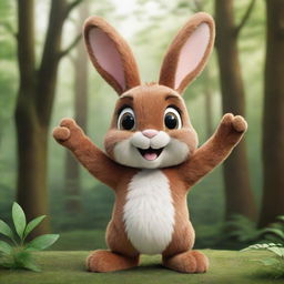 A charming cartoon bunny with brown fur, joyously waving its paw amidst a verdant forest backdrop. The bunny's face illuminates with a warm, broad smile, embodying utter contentment and happiness.