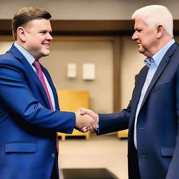 A photograph of JD Vance shaking hands with Mattress Mack