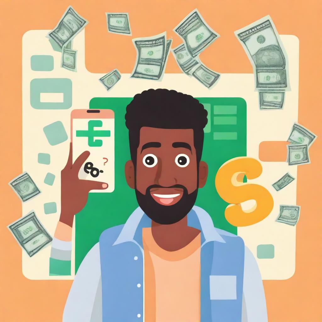 A surprised man with money in the background and a cellphone displaying a famous math app