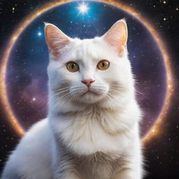 A divine entity in the form of a radiant, majestic cat, encased in celestial light, releasing an enchanting mew that resonates through the cosmos