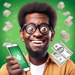 A surprised man with money in the background and a cellphone displaying a famous math app