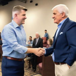 A photograph of JD Vance shaking hands with Houston legend Mattress Mack