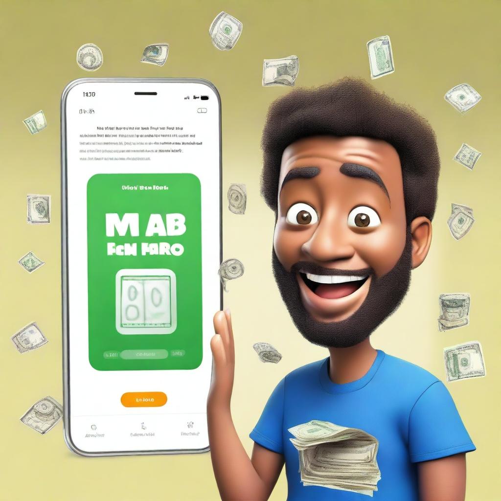 A surprised man with money in the background and a cellphone displaying the App Store page of a famous math app