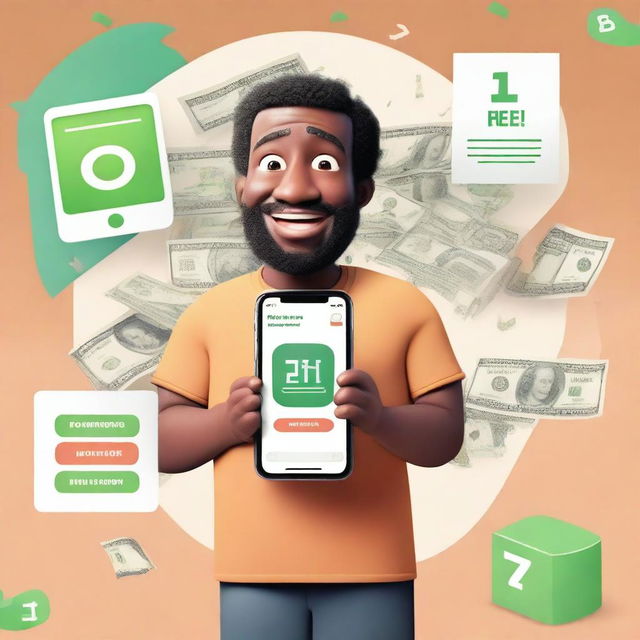 A surprised man with money in the background and a cellphone displaying the App Store page of a famous math app