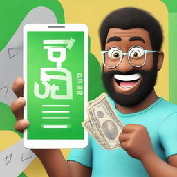 A surprised man with money in the background and a cellphone displaying the App Store page of a famous math app