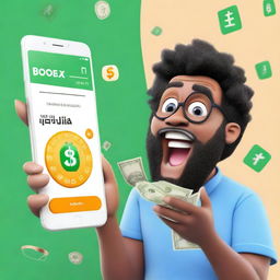 A surprised man with money in the background and a cellphone displaying the App Store page of a famous math app