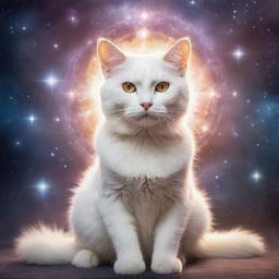 A divine entity in the form of a radiant, majestic cat, encased in celestial light, releasing an enchanting mew that resonates through the cosmos