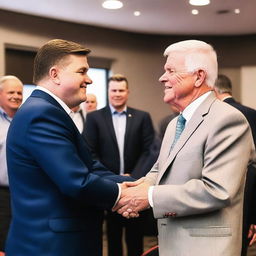 A photograph of JD Vance shaking hands with Houston legend and furniture salesman Mattress Mack