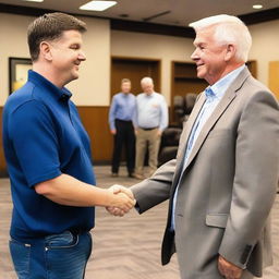 A photograph of JD Vance shaking hands with Houston legend and furniture salesman Mattress Mack