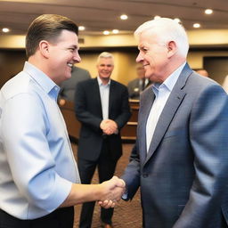 A photograph of JD Vance shaking hands with Houston legend and furniture salesman Mattress Mack