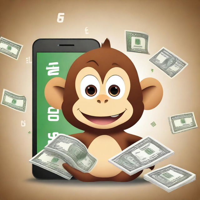 A surprised monkey with money in the background and a cellphone displaying a famous math app