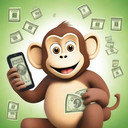 A surprised monkey with money in the background and a cellphone displaying a famous math app