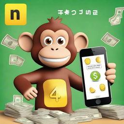 A surprised monkey with money in the background and a cellphone displaying a famous math app