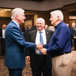 A photograph of JD Vance shaking hands with Houston legend and furniture salesman Mattress Mack, also known as Jim McIngvale