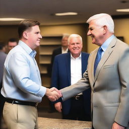 A photograph of JD Vance shaking hands with Houston legend and furniture salesman Mattress Mack, also known as Jim McIngvale