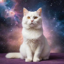 A divine entity in the form of a radiant, majestic cat, encased in celestial light, releasing an enchanting mew that resonates through the cosmos