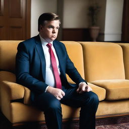 A photograph of JD Vance hungrily staring at a couch that is in the shape and color of Donald Trump