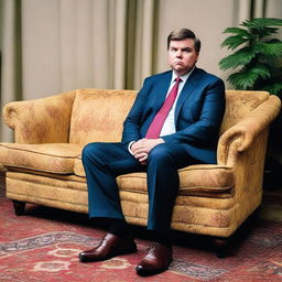 A photograph of JD Vance hungrily staring at a couch that is in the shape and color of Donald Trump