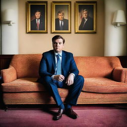 A photograph of JD Vance hungrily staring at a couch that is in the shape and color of Donald Trump