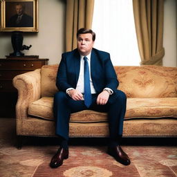 A photograph of JD Vance hungrily staring at a couch that is in the shape and color of Donald Trump