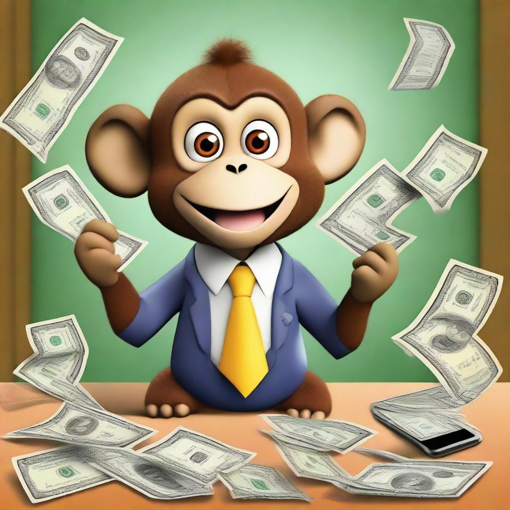 A surprised monkey dressed in elegant clothing with money in the background and a cellphone displaying a famous math app