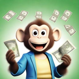 A surprised monkey dressed in elegant clothing with money in the background and a cellphone displaying a famous math app