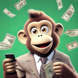 A surprised monkey dressed in elegant clothing with money in the background and a cellphone displaying a famous math app