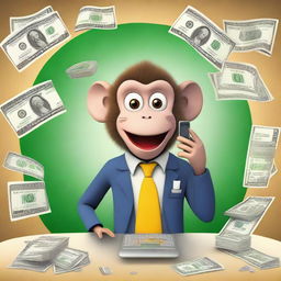 A surprised monkey dressed in elegant clothing with money in the background and a cellphone displaying a famous math app