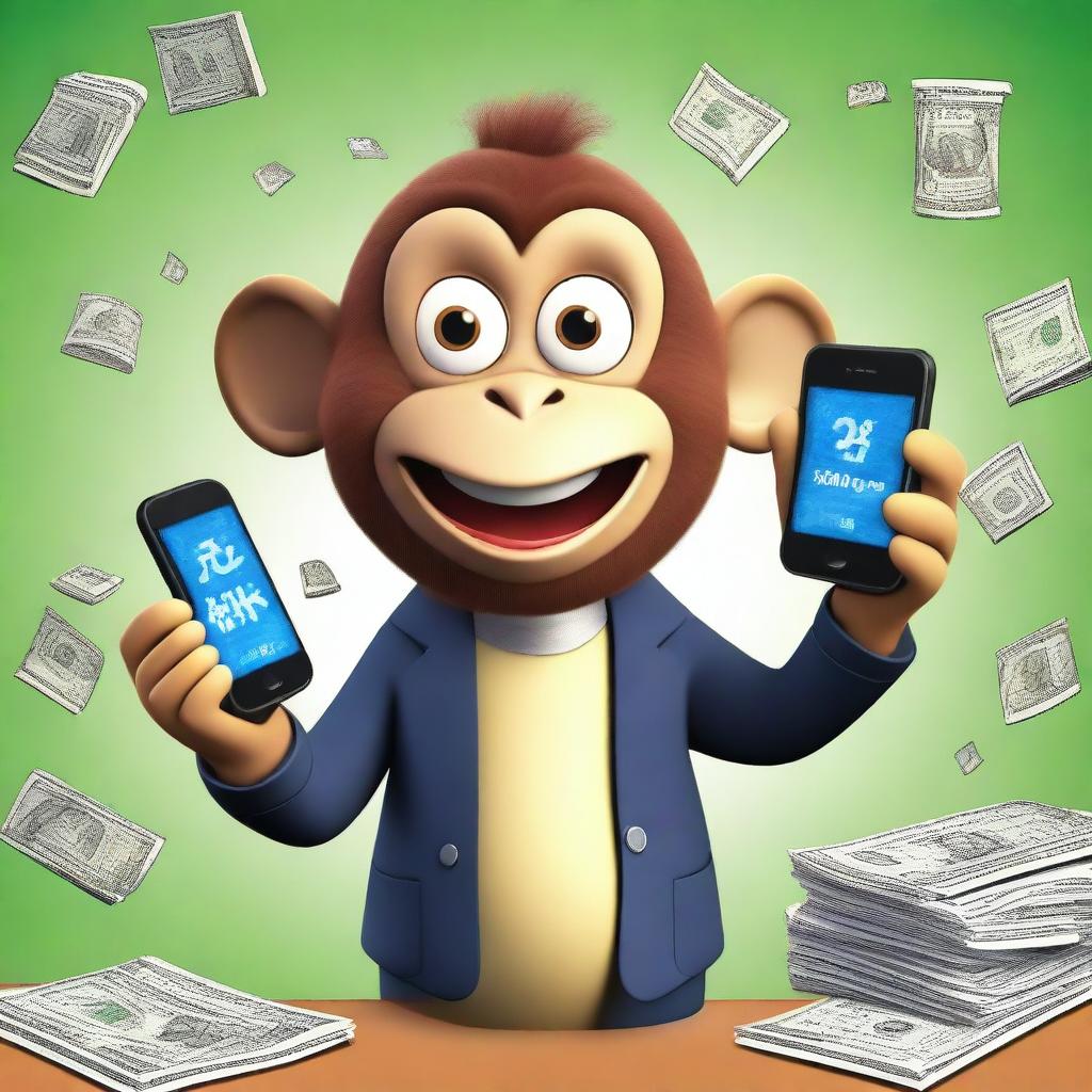 A surprised monkey dressed in elegant clothing, holding a cellphone and showing it to the screen