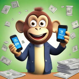 A surprised monkey dressed in elegant clothing, holding a cellphone and showing it to the screen