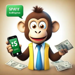 A surprised monkey dressed in elegant clothing, holding a cellphone and showing it to the screen