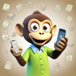 A surprised monkey dressed in elegant clothing, holding a cellphone and showing it to the screen