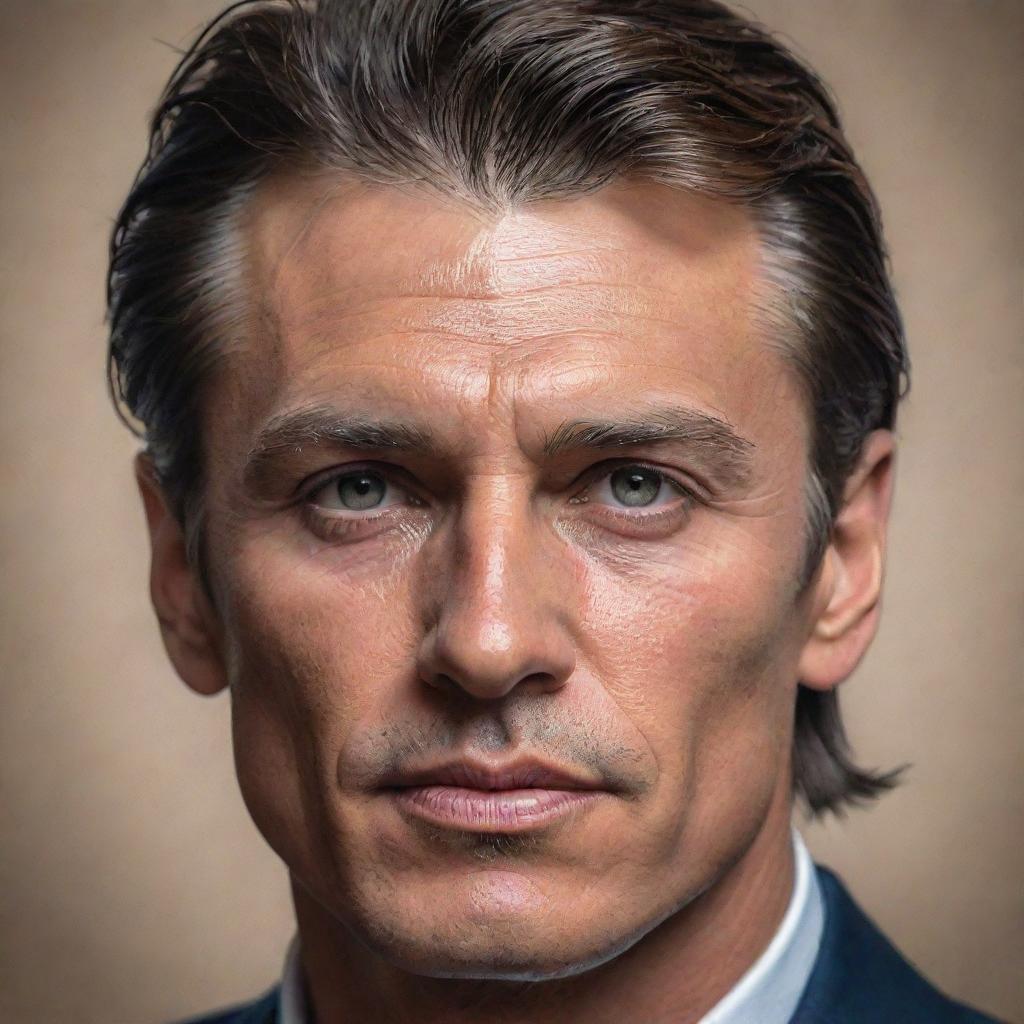 A realistic portrait of Hernan Drago, showcasing his distinct features, captivating eyes, and signature hairstyle