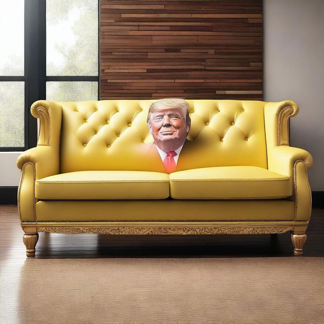 An image of a couch that has the appearance of Donald Trump