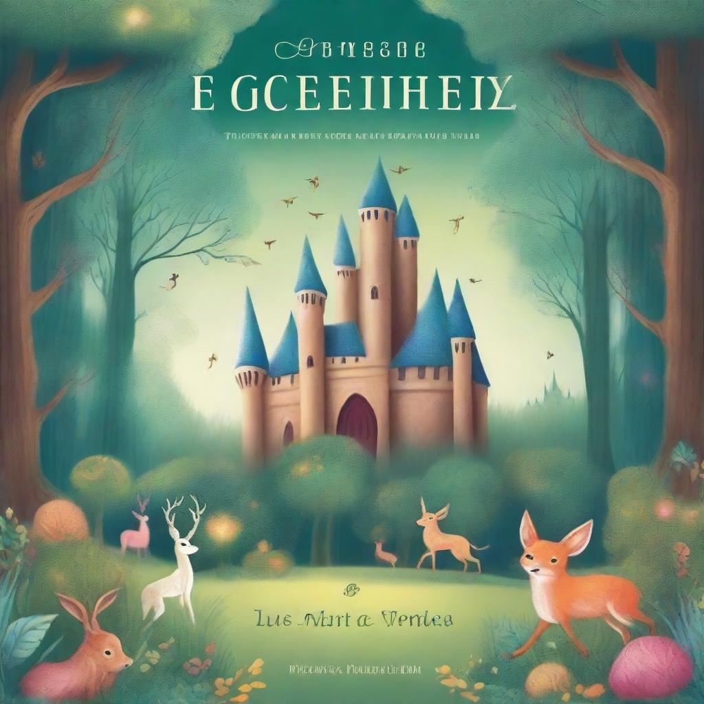 A beautifully illustrated book cover featuring a magical forest with glowing trees, mystical creatures, and an ancient castle in the background