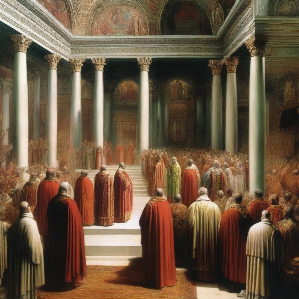 An artistic depiction of the First Council of Nicaea in 325 AD