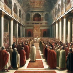 An artistic depiction of the First Council of Nicaea in 325 AD